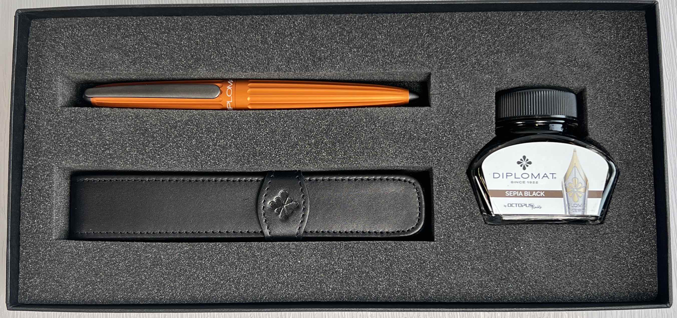 Diplomat Aero Orange Fountain Pen Set with Sepia ink bottle