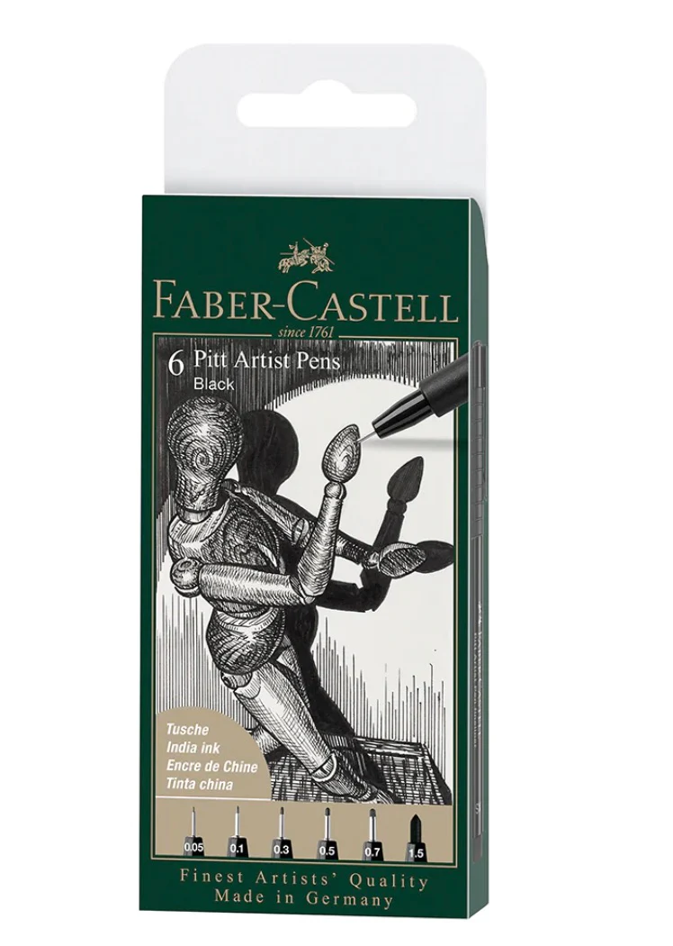 Faber-Castell Pitt Artist Pen Black, Wallet of 6 (XS, S, F, M), brush, Calligraphy