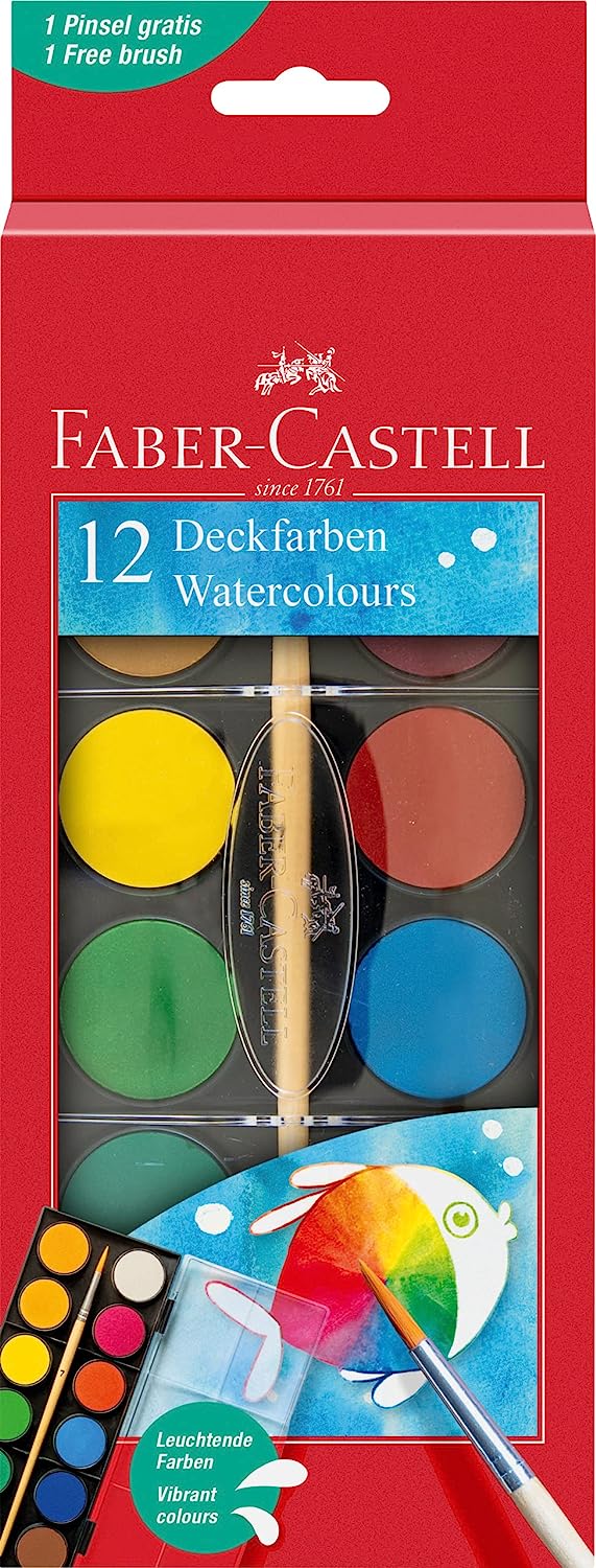 Faber-Castell Watercolours, Paint Box Of 12 Colours with Brush