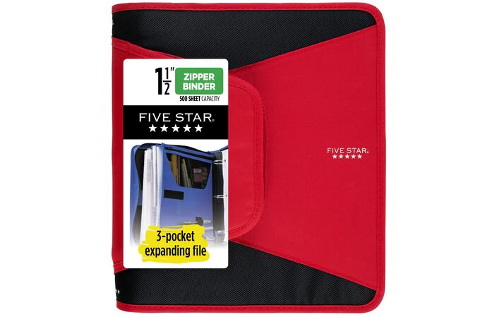 Five Star 1 1/2" Zipper Binder with 500 Sheets Capacity, Red