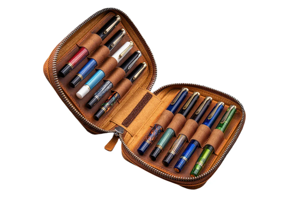 Galen Leather Expansi-Pouch Leather Wide 10 Slots Pen Case - A6 Zip Folio - C.H.Brown