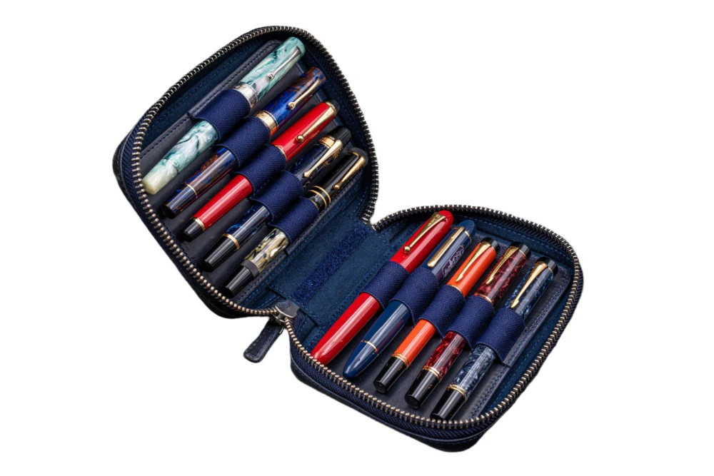 Galen Leather Expansi-Pouch Leather Wide 10 Slots Pen Case - A6 Zip Folio - C.H. Navy Blue