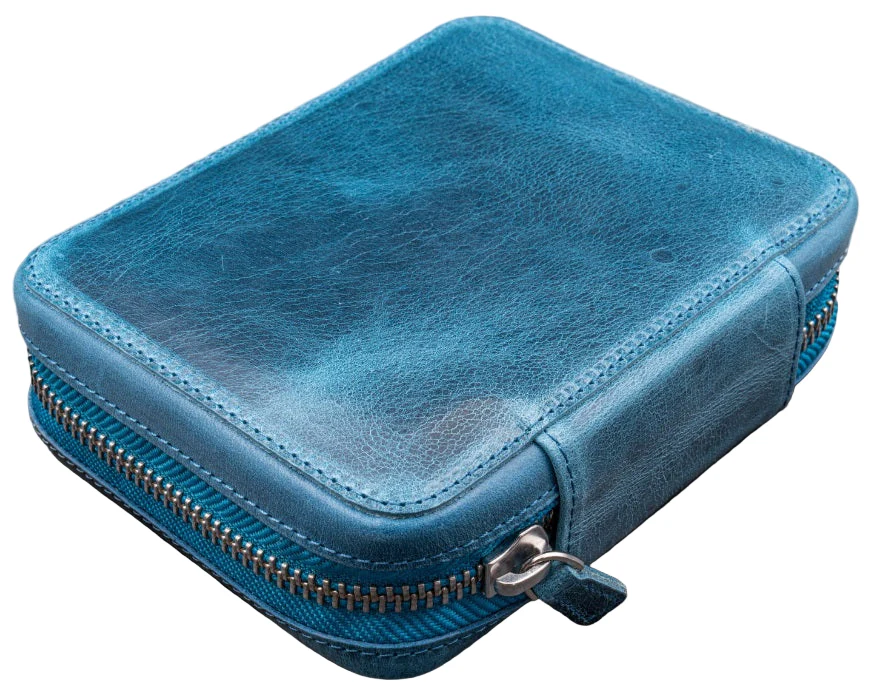 Galen Leather Expansi-Pouch Leather Wide 10 Slots Pen Case - A6 Zip Folio - Crazy Horse Ocean Blue - Image 2