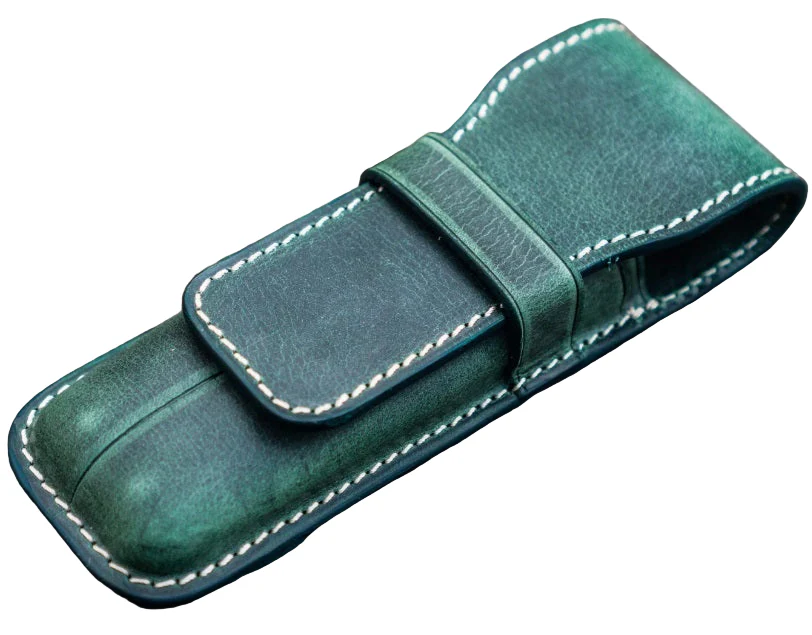 Galen Leather Flap Pen Case for Two Pens - Crazy Horse Forest Green