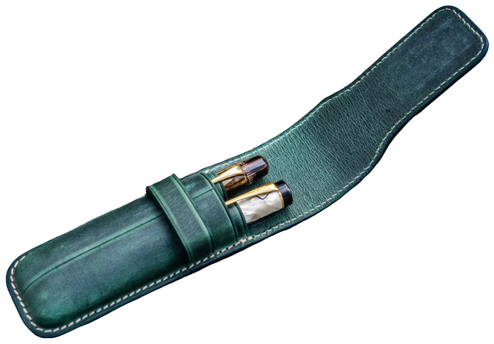 Galen Leather Flap Pen Case for Two Pens - Crazy Horse Forest Green - Image 2