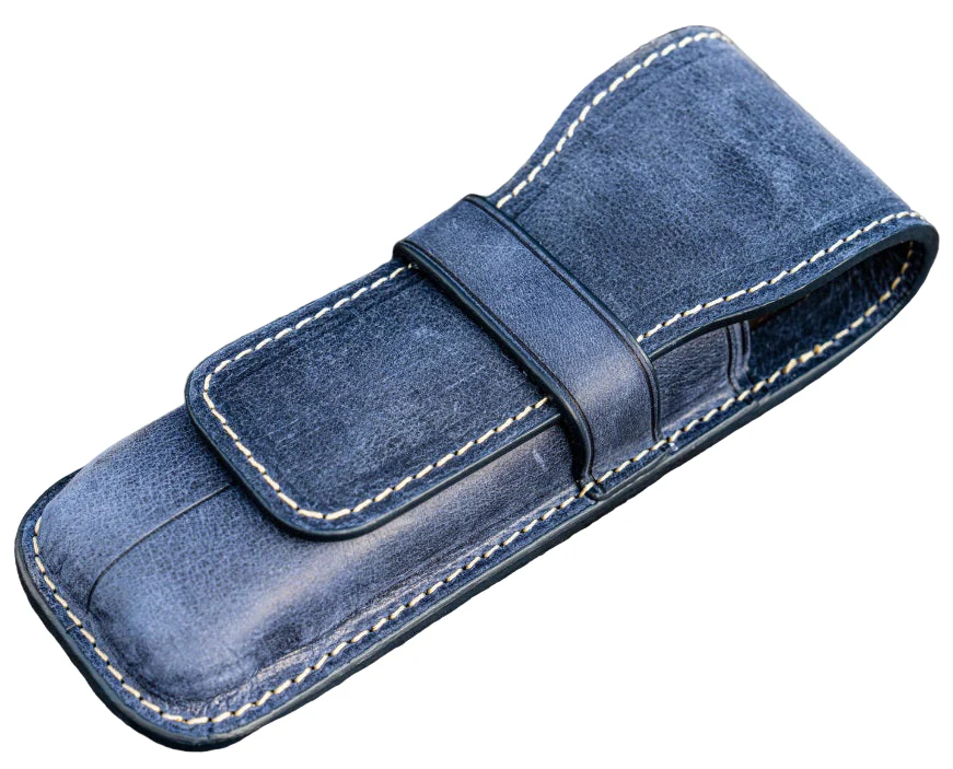 Galen Leather Flap Pen Case for Two Pens - Crazy Horse Navy Blue