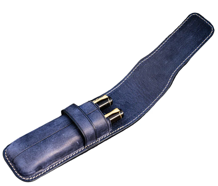 Galen Leather Flap Pen Case for Two Pens - Crazy Horse Navy Blue - Image 2