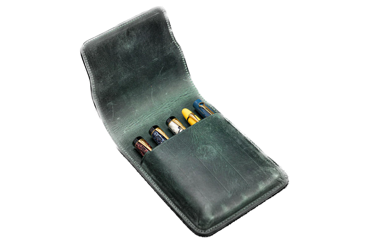 Galen Leather - Leather Flap Pen Case for Five Pens - Crazy Horse Forest Green