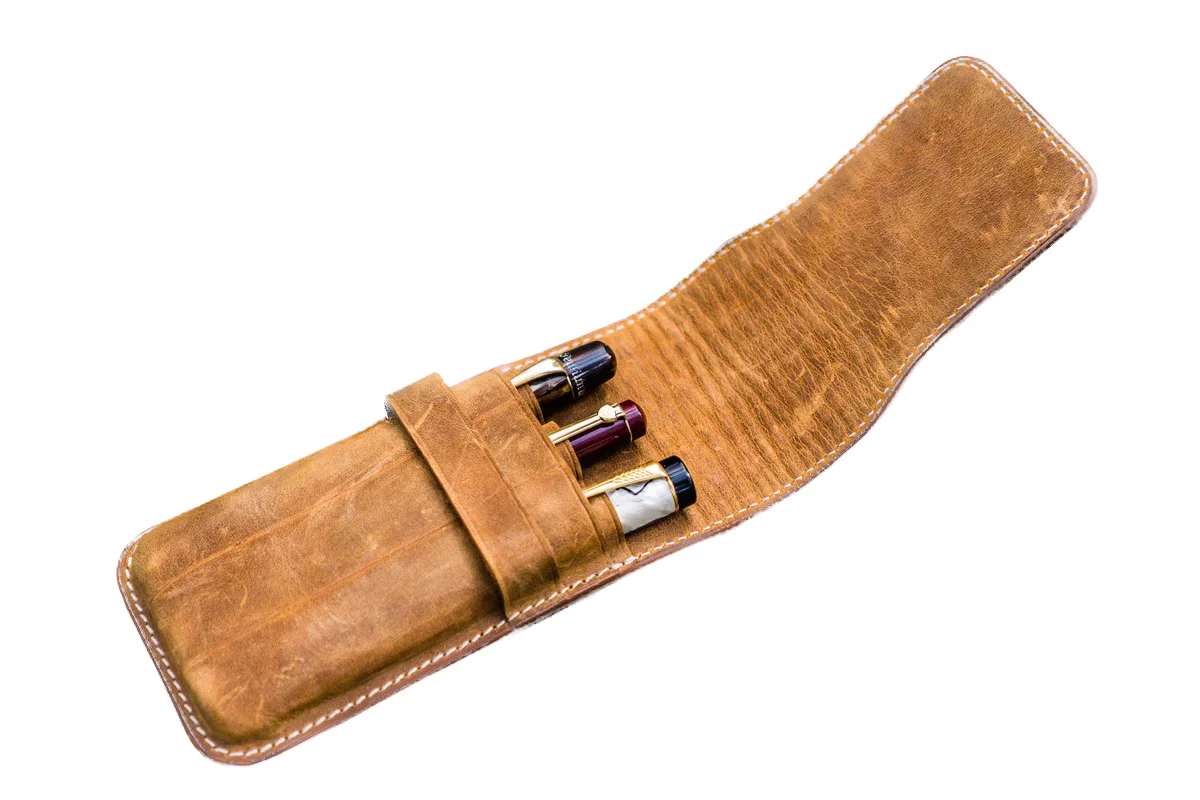 Galen Leather - Leather Flap Pen Case for Three Pens - Crazy Horse Brown