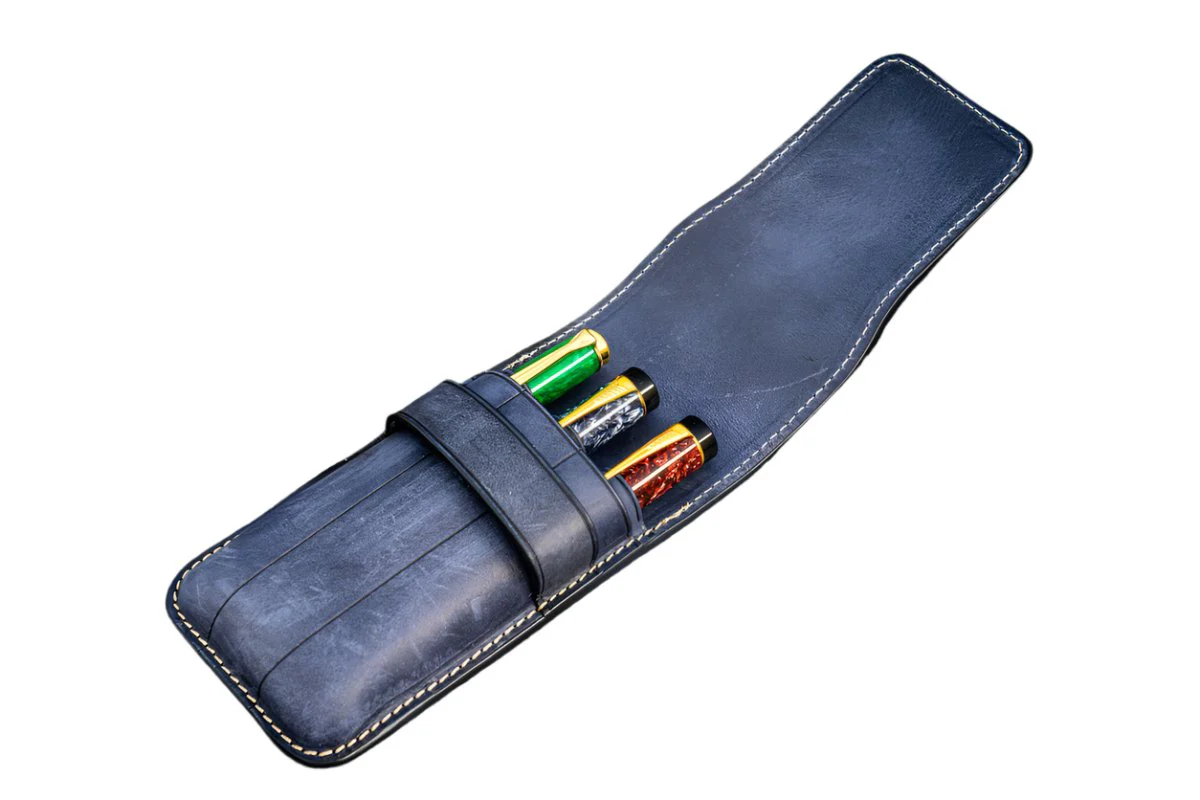 Galen Leather - Leather Flap Pen Case for Three Pens - Crazy Horse Navy Blue