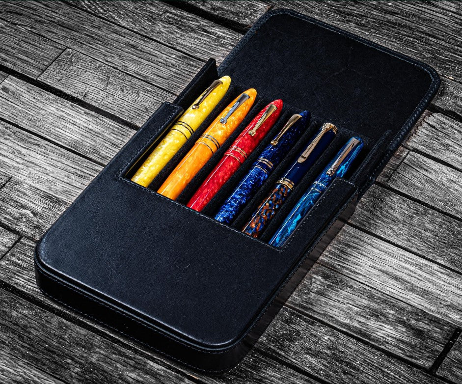 Galen Leather - Leather Magnum Opus 6 Slots Hard Pen Case with Removable Pen Tray - Black