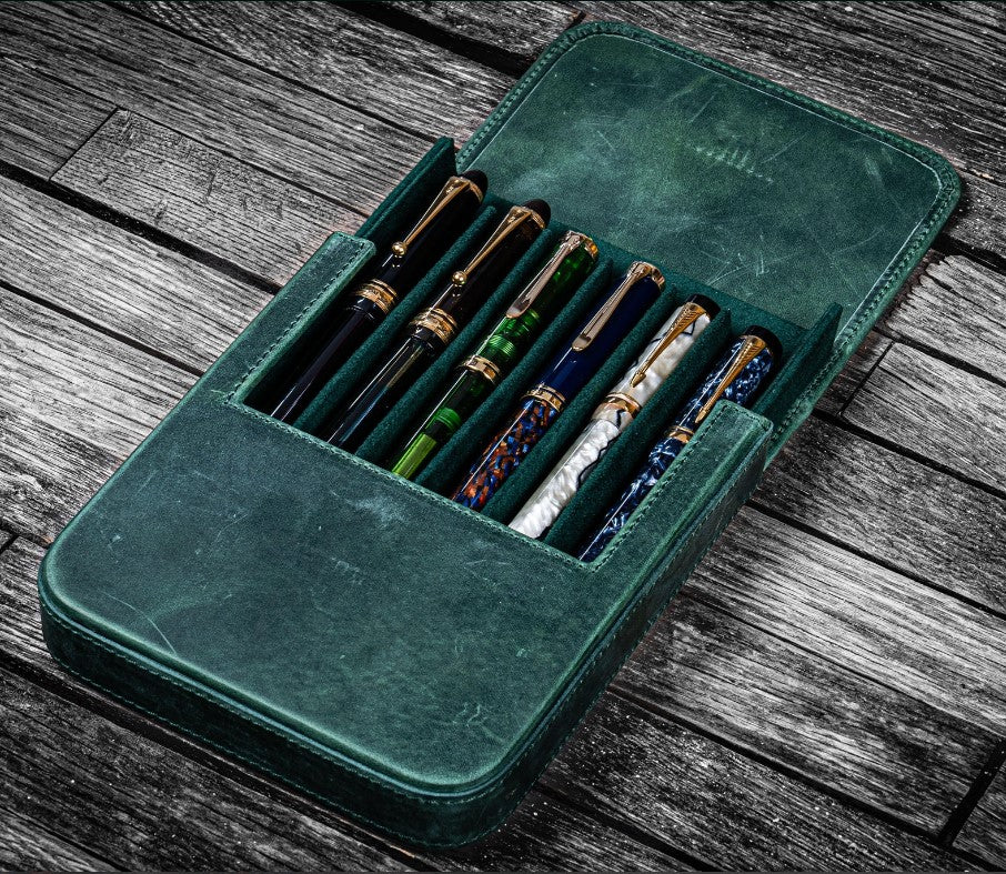 Galen Leather - Leather Magnum Opus 6 Slots Hard Pen Case with Removable Pen Tray - Crazy Horse Forest Green