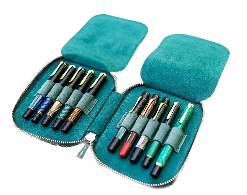 Galen Leather - Leather Zippered 10 Slot Pen Case - Crazy Horse Forest Green