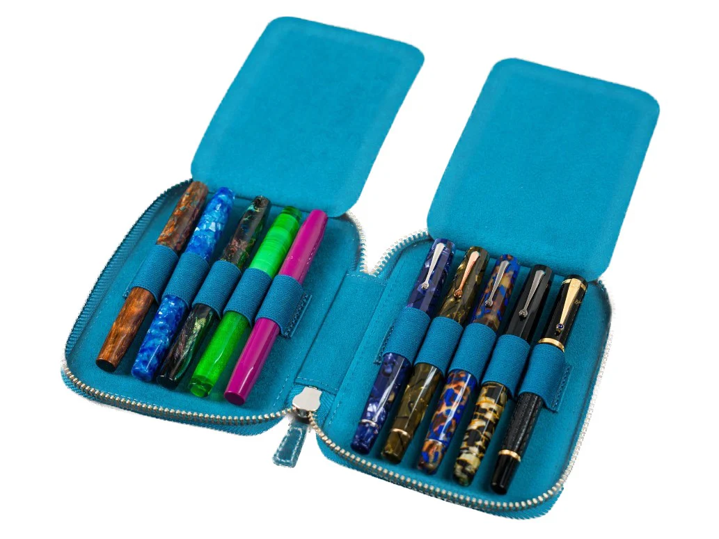 Galen Leather - Leather Zippered 10 Slot Pen Case - Crazy Horse Ocean Blue