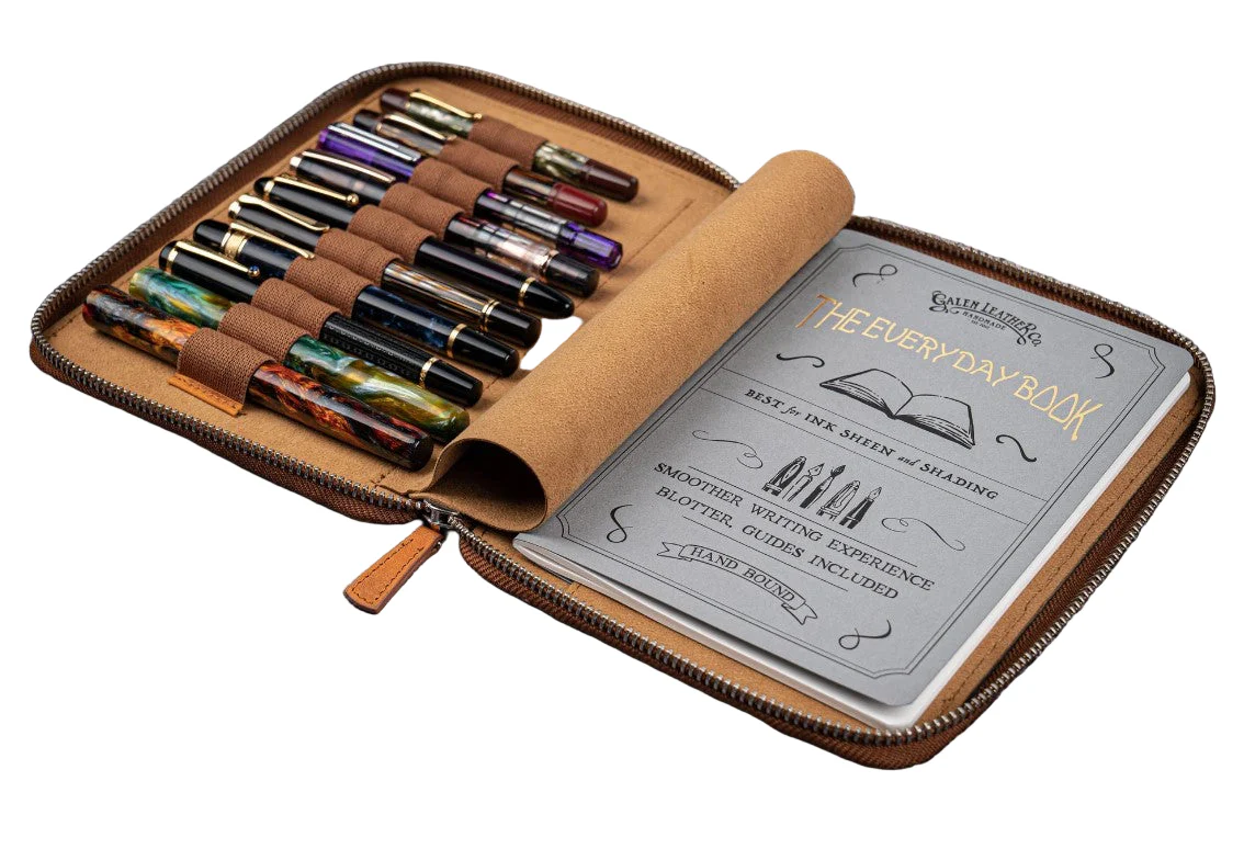 Galen Leather - leather Zippered 10 Slot Pen Case with A5 Notebook Holder - Crazy Horse Brown