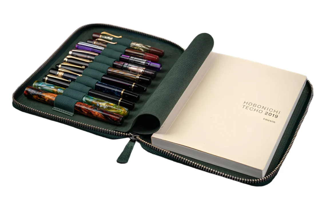 Galen Leather - Leather Zippered 10 Slot Pen Case with A5 Notebook Holder - Crazy Horse Forest Green