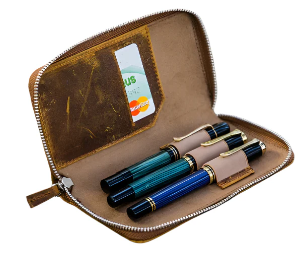 Galen Leather - Leather Zippered 3 Slot Pen Case - Crazy Horse Brown