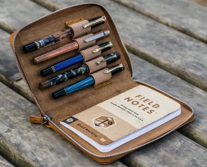 Galen Leather - Leather Zippered 5 Slot Pen Case - Crazy Horse Brown