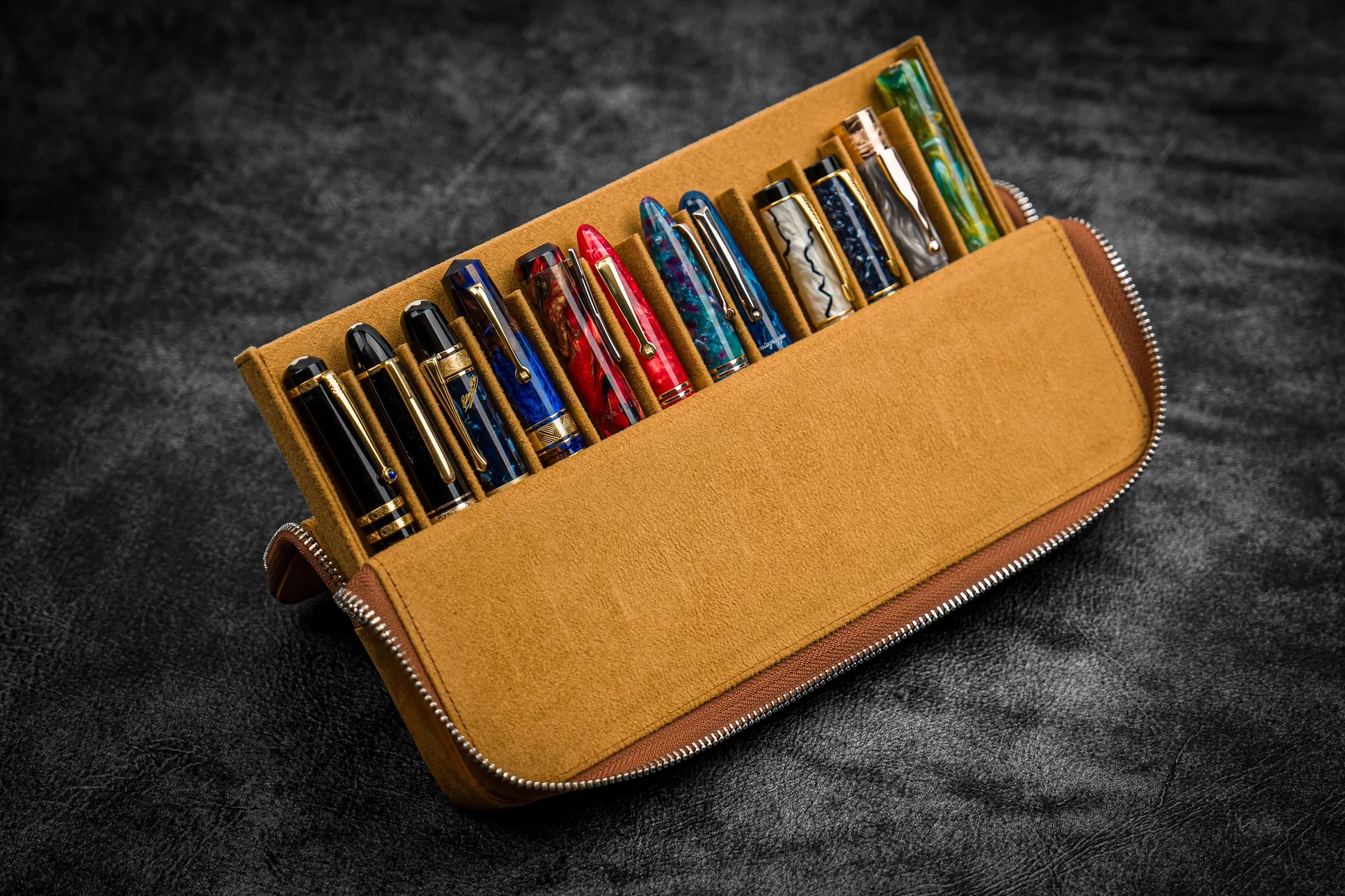 Galen Leather - Leather Zippered Magnum Opus 12 Slots Hard Pen Case with Removable Pen Tray - Crazy Horse Brown