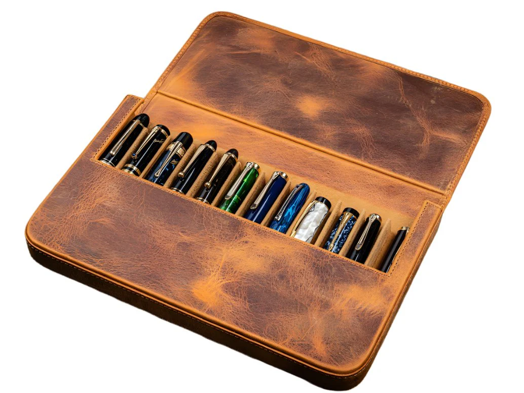 Galen Leather Magnum Opus 12 Slots Hard Pen Case with Removable Pen Tray - Crazy Horse Brown