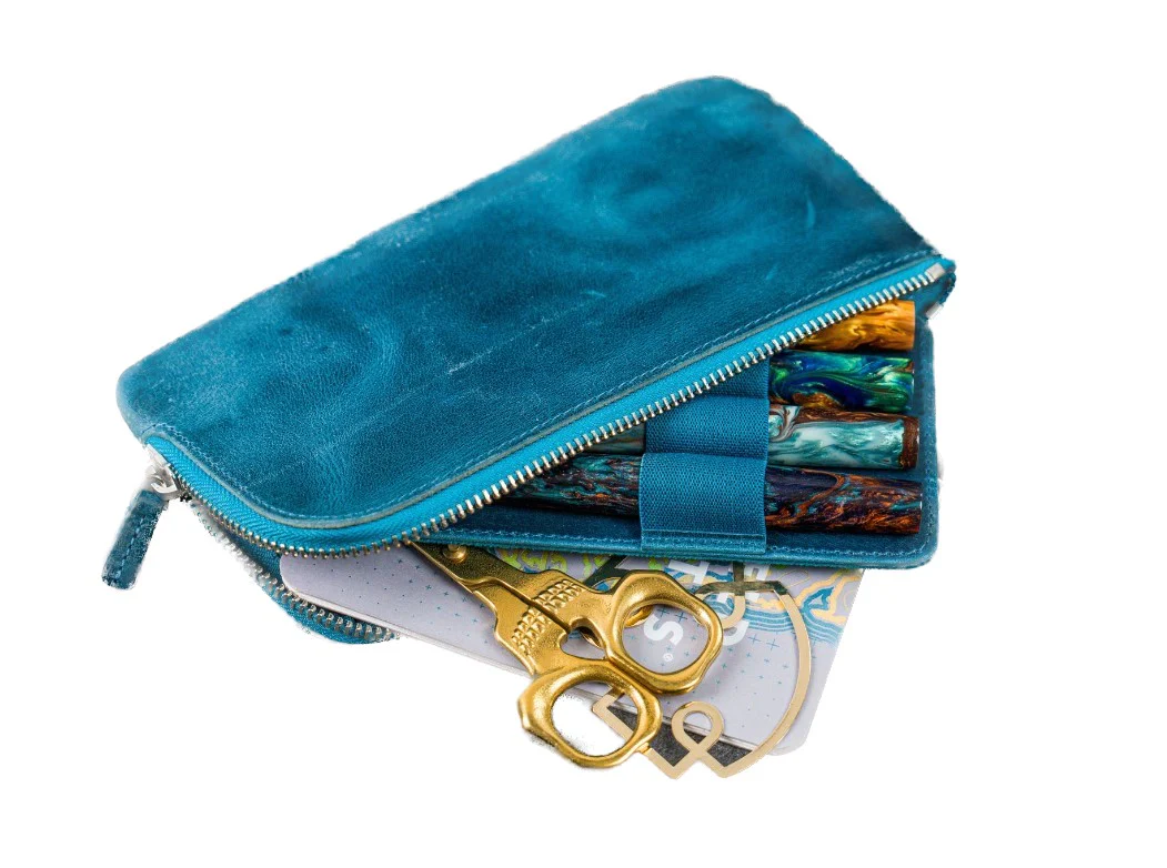 Galen Leather - Slip-N-Zip 4 Slots Zippered Pen Pouch - Crazy Horse Ocean Blue