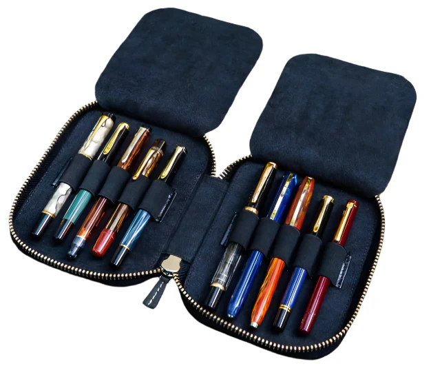 Galen Leather Zippered 10 Slot Pen Case - Black