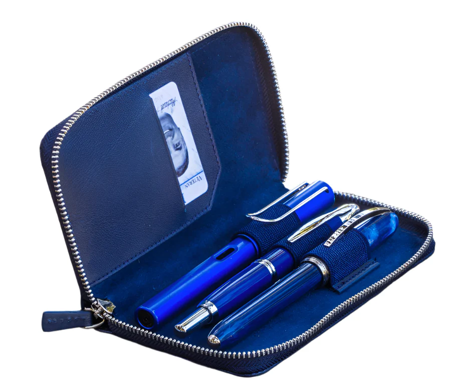 Galen Leather Zippered 3 Slot Pen Case – Navy Blue