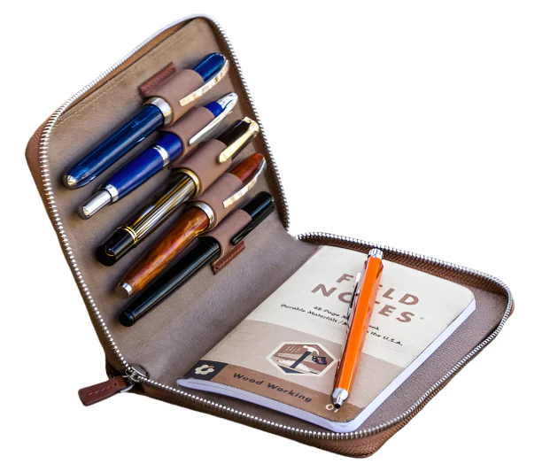 Galen Leather Zippered 5 Slot Pen Case - Brown