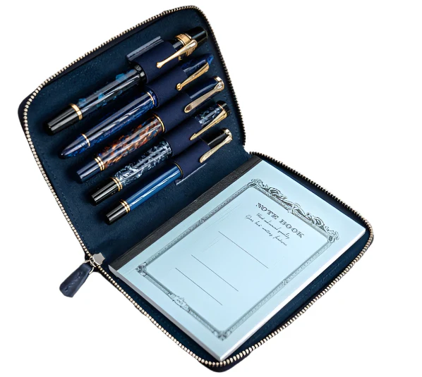 Galen Leather Zippered 5 Slot Pen Case - Crazy Horse Navy Blue