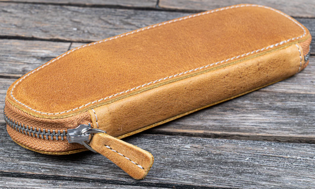 Galen Leather Zippered Duo Slim Pen Case (2 Pens) - Crazy Horse Honey Ochre