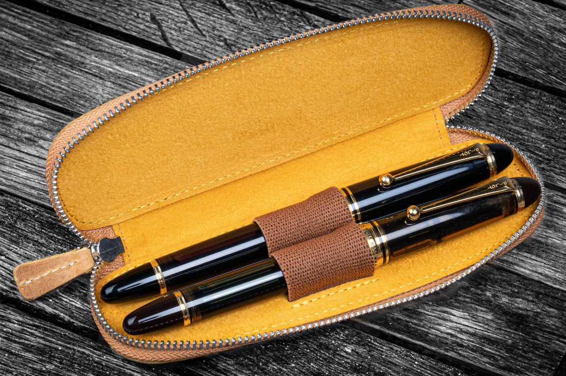 Galen Leather Zippered Duo Slim Pen Case (2 Pens) - Crazy Horse Honey Ochre - Image 2