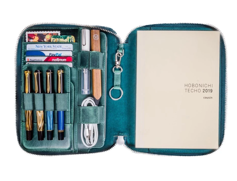 Galen Leather Zippered Hobonichi Cousin A5 Planner Folio - Crazy Horse Forest Green