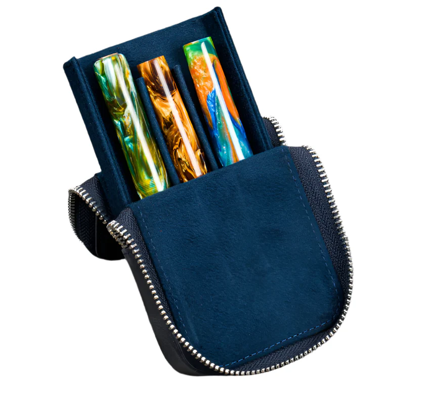 Galen Leather Zippered Magnum Opus 3 Slot Hard Pen Case/Removable Pen Tray – Crazy Horse Navy Blue