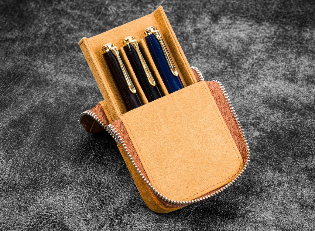 Galen Leather Zippered Magnum Opus 3 Slots Hard Pen Case with Removable Pen Tray - Crazy Horse Brown