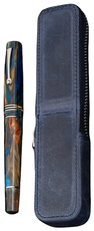 Galen Leather Zippered Magnum Opus Single Hard Pen Case for Oversized Pens & Namiki Emperor – Crazy Horse Navy Blue