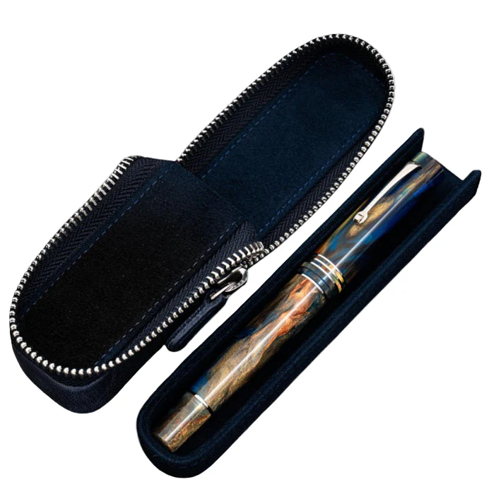 Galen Leather Zippered Magnum Opus Single Hard Pen Case for Oversized Pens & Namiki Emperor – Crazy Horse Navy Blue - Image 2