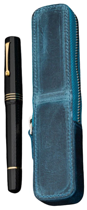 Galen Leather Zippered Magnum Opus Single Hard Pen Case for Oversized Pens & Namiki Emperor – Crazy Horse Ocean Blue