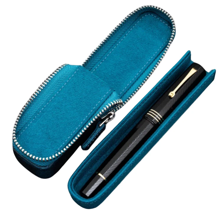 Galen Leather Zippered Magnum Opus Single Hard Pen Case for Oversized Pens & Namiki Emperor – Crazy Horse Ocean Blue - Image 2