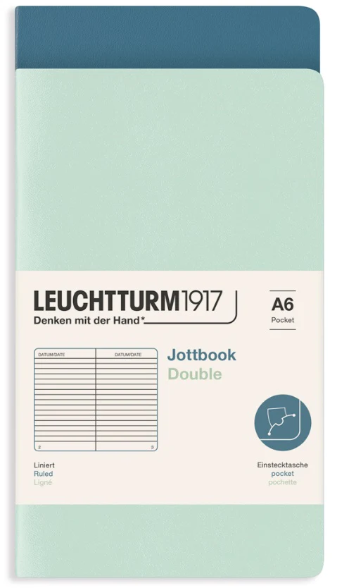 LEUCHTTURM1917 Jottbook Double Ruled A6 - Pack of 2 - Mint Green and Stone Blue