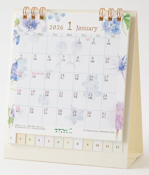 Midori Desk Ring Calendar S – Country Time Flower – 2026