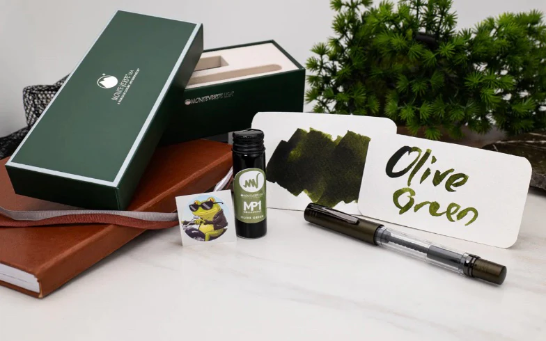 Monteverde USA MP1 Piston Olive Green Fountain Pen + 15 ml Ink Bottle Set - Image 2