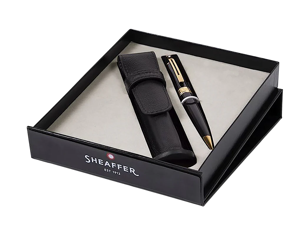 Sheaffer Gift Set with 300 Glossy Black and Gold Ballpoint Pen with Black Leather Pen Case