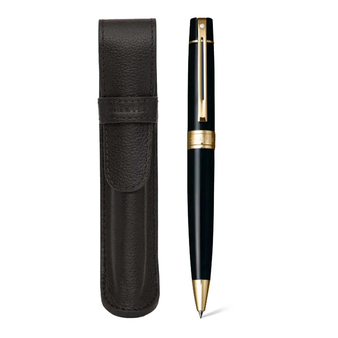 Sheaffer Gift Set with 300 Glossy Black and Gold Ballpoint Pen with Black Leather Pen Case - Image 2